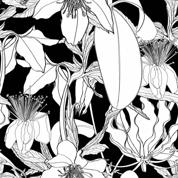 Tropical Εξωτική Floral Γραμμή Μαύρα Λευκά Λουλούδια Αδιάλειπτη Μοτίβο Φόντο — Διανυσματικό Αρχείο