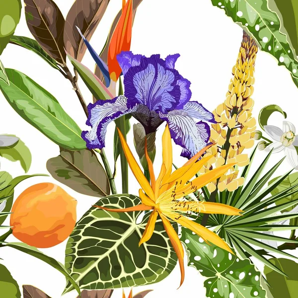 Tropische Blumen Mit Violetten Bügeln Nahtloses Muster Hintergrund Vintage Alt lizenzfreie Stockillustrationen