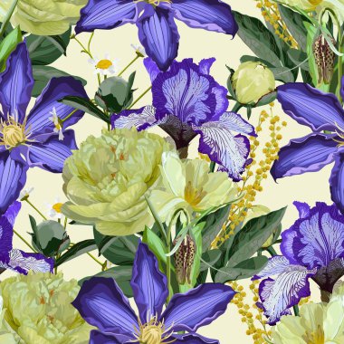 Çiçeksiz desenli yaz ve bahar bitkileri. Vektör botanik çizimi. Mor sarı bahçe çiçekleri.