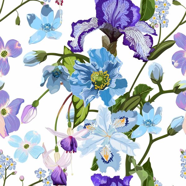 Цветочный бесшовный узор с летними и весенними растениями. Векторная ботаническая иллюстрация. Фиолетовый голубой сад.