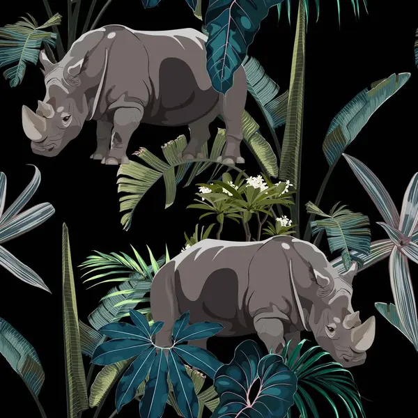 Wild animals tropical pattern. Rhino, Monstera seamless pattern. Seamless pattern with exotic trees and animals. Hawaiian t-shirts illustration.