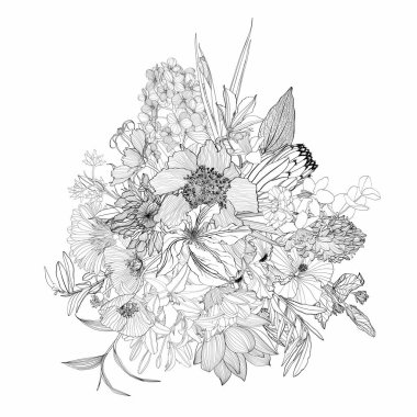 Siyah beyaz el çizimi otlar, bahçe çiçekleri ve çizim tarzında böcekler olan çiçek buketleri..