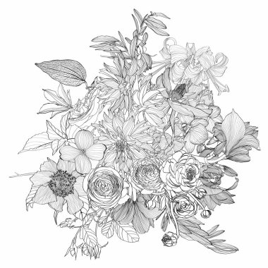 Çizgili el yapımı otlar, bahçe çiçekleri ve çizim tarzında böcekler..