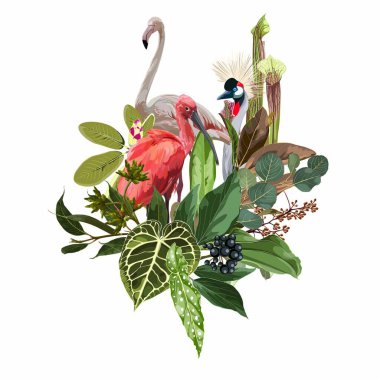Zarif çiçek ve hayvanat bahçesi kompozisyonu. Bir tişört için parmak izi. Tropik palmiye yaprakları ve egzotik kuş. Klasik çizim. Japon vinci, flamingo.