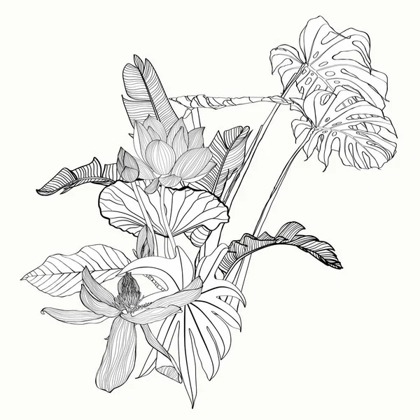 Çizgili el yapımı palmiye yaprağı, bahçe çiçekleri ve çizim tarzında böcekler olan tropikal buketler..