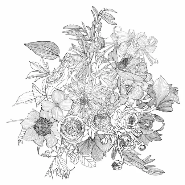 Çizgili el yapımı otlar, bahçe çiçekleri ve çizim tarzında böcekler..