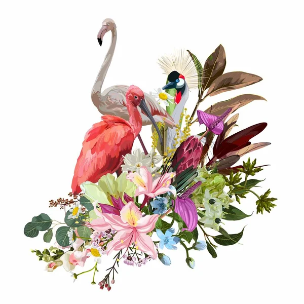 Elegant floral and zoo composition. A print for a t-shirt. Tropical  flowers and exotic bird. Vintage style illustration. Japanese crane, flamingo bird.