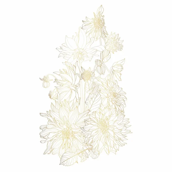 Handgezeichneter Goldener Sommerstrauß Rustikale Dahlie Linienkunst Handbemalte Blumen Isoliert Auf Stockillustration