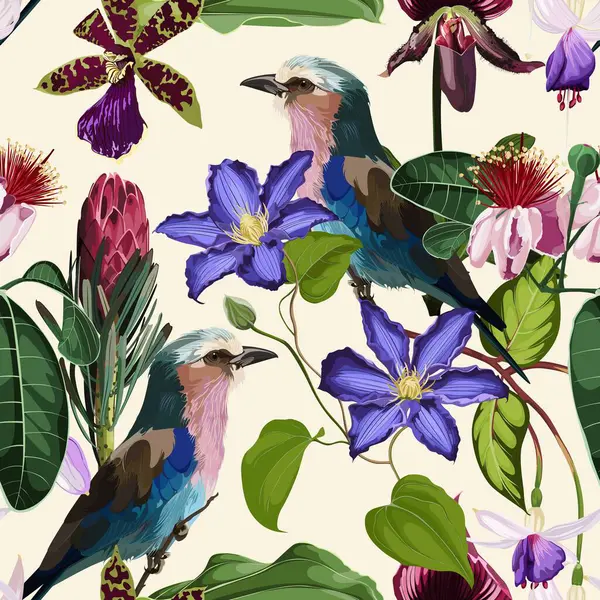Illustrations of flower, plant, floral pattern, leaves, bird, exotic flowers for greeting card, flyer or frame. Lilac breasted Roller bird. Trendy floral seamless pattern print.