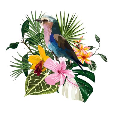 Summer design with Lilac breasted Roller bird, tropical beach background banners. Voucher discount. Card template. clipart