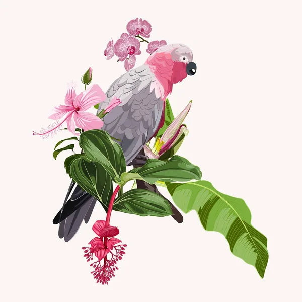 Summer design with pink parrot bird, tropical beach background banners. Voucher discount. Card template.