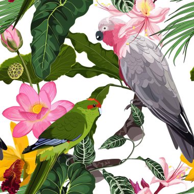 Parlak renklerde papağan ve çiçeklerle ve yemyeşil bitki örtüsüyle tropik egzotik desenler. Tropik egzotik renkli kuşlar tropik bitkilerle, palmiye yapraklarıyla, beyaz çiçeklerle papağan.
