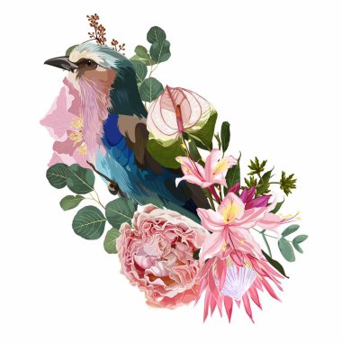 Leylak göğüslü Roller Bird ve pembe bahçe çiçekleriyle yaz tasarımı. Makbuz indirimi. Kart şablonu.