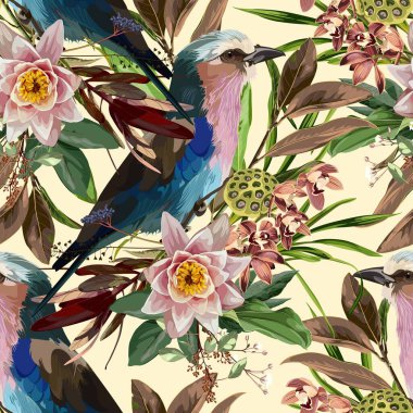 Çiçek, bitki, çiçek desenleri, egzotik incir, tebrik kartı, broşür veya çerçeve için kuş resimleri. Leylak göğüslü paten kuşu. Eğilimli tropikal desensiz iz.