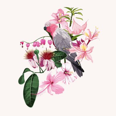 Pembe papağan kuşlu yaz tasarımı, tropikal plaj arka plan afişleri. Makbuz indirimi. Kart şablonu.