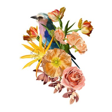 Leylak göğüslü Roller Bird ve turuncu bahçeli yaz tasarımı, tropikal çiçekler. Makbuz indirimi. Kart şablonu.