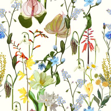 Elle çizilmiş dekoratif desenli kusursuz desen ve bej arka planda bahçe çiçekleri. El çizimi eskiz. Çiçek tekstil tasarımı için şablon, kağıt, duvar kağıdı, ağ.