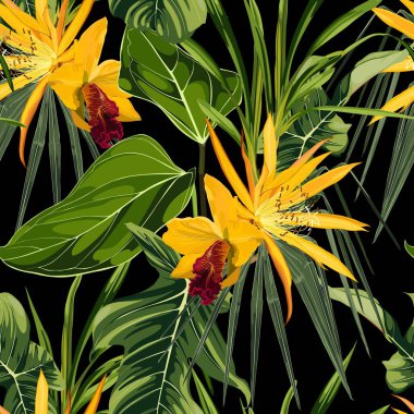 Egzotik çiçek deseni. Sarı orkide ve kaktüs tropikal çiçekler ve yazlık yapraklar. Hawaii tişörtü ve mayo döşemesi. 