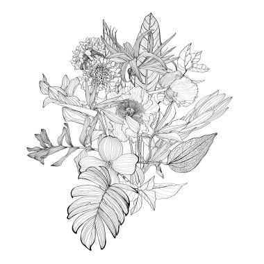 Çizgili el yapımı otlar, tropikal palmiye yaprakları ve çizim tarzında çiçekler..