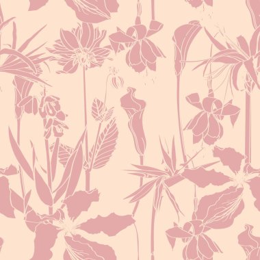 Elle çizilmiş bahçe ve tropikal çiçeklerle zarif, pürüzsüz bir desen. Düğün davetiyeleri için çiçek deseni, tebrik kartları, hatıra defteri, baskı, hediye paketi, imalat. 