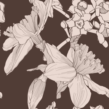 Çiçeksiz desen, nergis çiçeği. Tekstil, kumaş, paket, duvar kağıdı, poster tasarımı için zarif bir el çizimi..