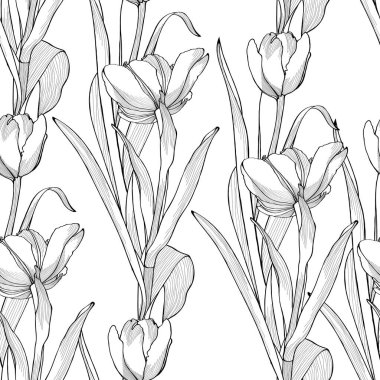 Doğa kusursuz desen. El çizimi laleler arka plan: siyah beyaz çiçekler, çizgi sanatı. 
