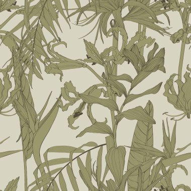 Çizgili, tropik çiçekli, palmiye yapraklı ve anthurium yapraklı kusursuz çiçek deseni. Tropikal model arka planı. Stok vektör illüstrasyonu.