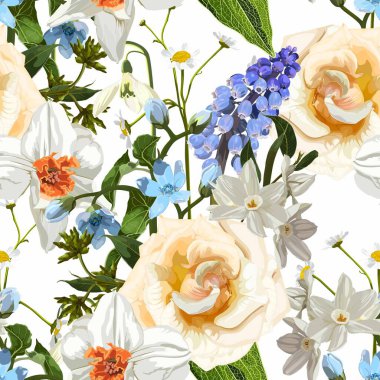 Detaylı elle çizilmiş çiçekleri olan klasik lükssüz desenler - çiçek açan şakayıklar, güller, haşhaş, papatya ve bitkiler.