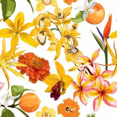 Turuncu meyve dalları, çiçekler ve egzotik tropikal yapraklarla dikişsiz deniz aygırı deseni. Beyaz arka plan tasarımı. Baskı, tekstil, ambalaj kağıdı için en iyisi..