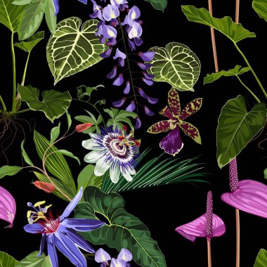 Egzotik çiçek deseni. Yaz baskısında mor tropik çiçekler ve palmiye yaprakları. Hawaii tişörtü ve mayo döşemesi. 