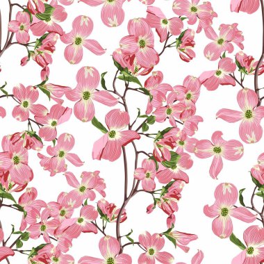 Bahar Pembe Dogwood çiçekleri pürüzsüz desen. Düğün Daveti, Kumaş, Duvar Kağıdı, Yazdırma İçin Mevsimlik Çiçek Arkaplanı. 