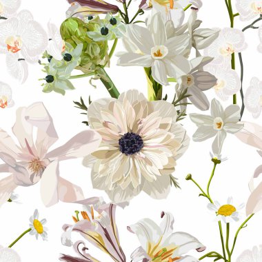 Detaylı elle çizilmiş çiçekli klasik lüks desenler - çiçek açan manolya, nergis, zambak, papatya ve bitkiler.