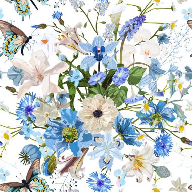 Kusursuz desenli mavi, beyaz arkaplanda pullu beyaz çiçekler. El çizimi eskiz. Çiçek tekstil tasarımı için şablon, kağıt, duvar kağıdı, ağ.