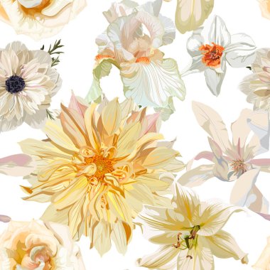 Kusursuz desen. Bahçe bej çiçekleri. Büyülü zambak, yıldız çiçeği, zambak çiçeği. Gerçekçi vektör görüntüsü. Her türlü yüzey için yazdır. Moda yazdırma.