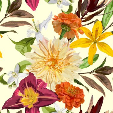 Kusursuz desen. Bahçe bej çiçekleri. Büyülü zambak, yıldız çiçeği, zambak çiçeği. Gerçekçi vektör görüntüsü. Her türlü yüzey için yazdır. Moda yazdırma.