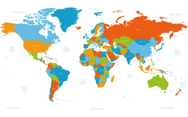 世界地図だ 海と海の名前のラベリングと世界の高詳細な政治地図 白い背景に5色のスキームベクトルマップ — ストックベクタ