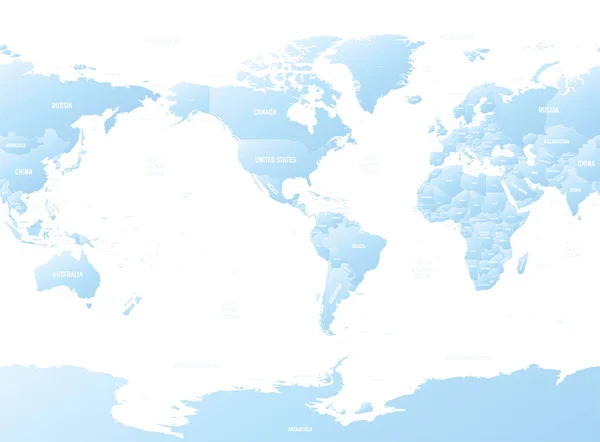 世界地図 アメリカを中心に 海の名前が表示された世界の詳細な政治地図 — ストックベクタ