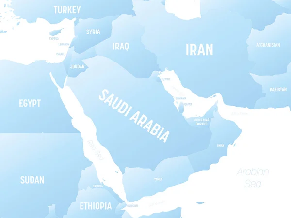 海と海の名前がラベル付けされた中東とアラビア半島地域の高詳細政治地図 — ストックベクタ
