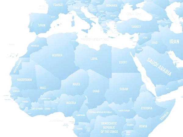 北非的高度详细的政治地图 附有国家 海洋和海洋名称标签 — 图库矢量图片