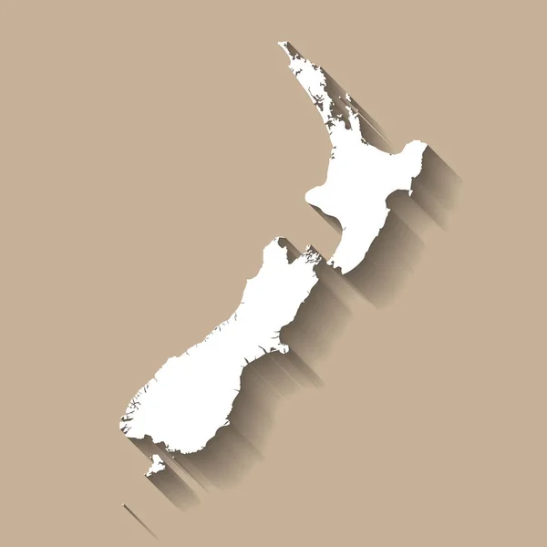 新西兰国家概况 高度详细的地图 在米色背景上投下长长的阴影的白色乡村轮廓 — 图库矢量图片