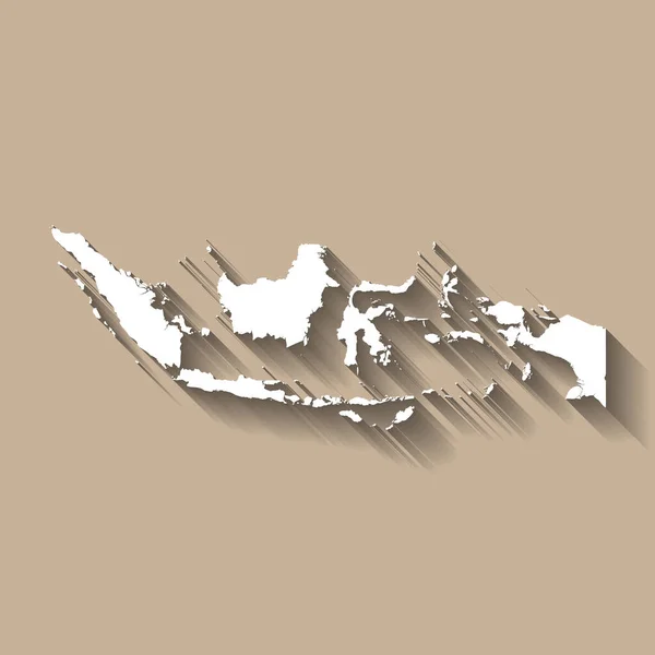 印度尼西亚国家概况 高度详细的地图 在米色背景上投下长长的阴影的白色乡村轮廓 — 图库矢量图片