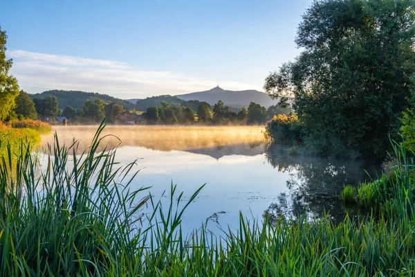 Idyllischer Sonniger Und Nebliger Morgen Wasser Chrastna Teich Tschechisch Chrastensky — Stockfoto