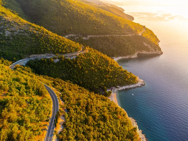 Asphalt Winding Coastal Road Blue Sea Sunny Morning Istria Croatia — Stockfoto