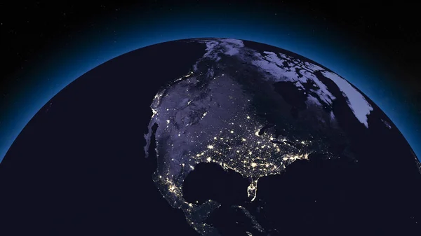 Earth globe by night focused on United States of America and Canada. Dark side of Earth with illuminated cities and stars of universe on background. Elements of this image furnished by NASA