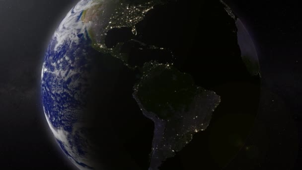 Realistyczne Wirujące Ziemskie Globe Scena Dnia Nocy Planeta Lądem Wodą — Wideo stockowe