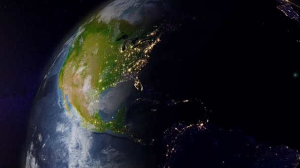 Реалистичное Вращение Земного Глобуса Днем Ночью Планета Сушей Водой Атмосферой — стоковое видео
