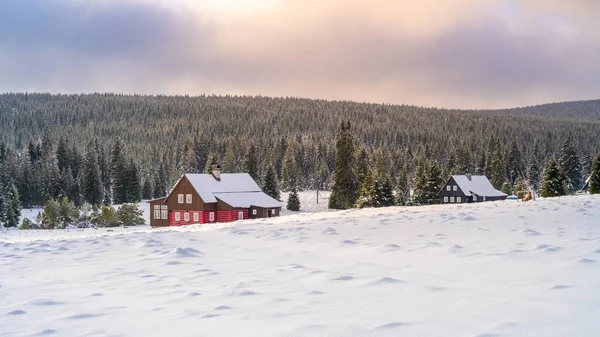 Winterlandschaft Des Isergebirges Verschneite Wiesen Und Altes Holzhaus Kalten Wintertagen — Stockfoto