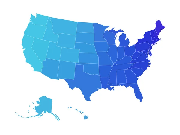 アメリカの空白地図は州に分けられた 青の色合いで簡素化されたフラットシルエットベクトルマップ — ストックベクタ