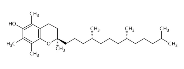 ビタミンE分子構造 ビタミンEは 抗炎症特性を有する脂溶性 必須栄養素です 赤の結合及び黒の原子ラベルを有する化合物のベクトル構造式 — ストックベクタ