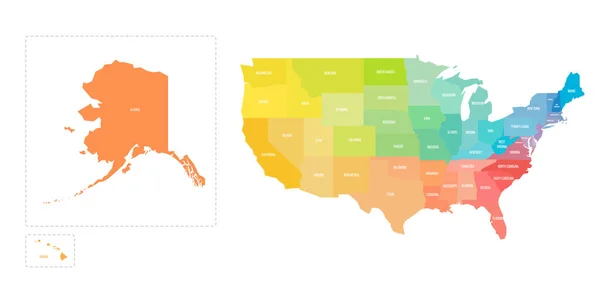 stock vector United States of America political map of administrative divisions - states and federal district Washington, D.C. Colorful rainbow spectrum vector map with labels.